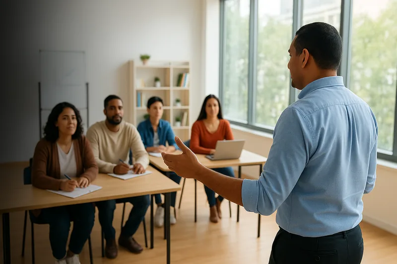 Professionals learning and training together in a bright studio.