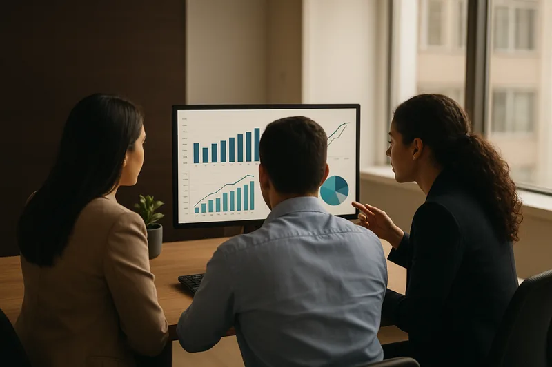 Finance and business professionals reviewing data in a contemporary office.